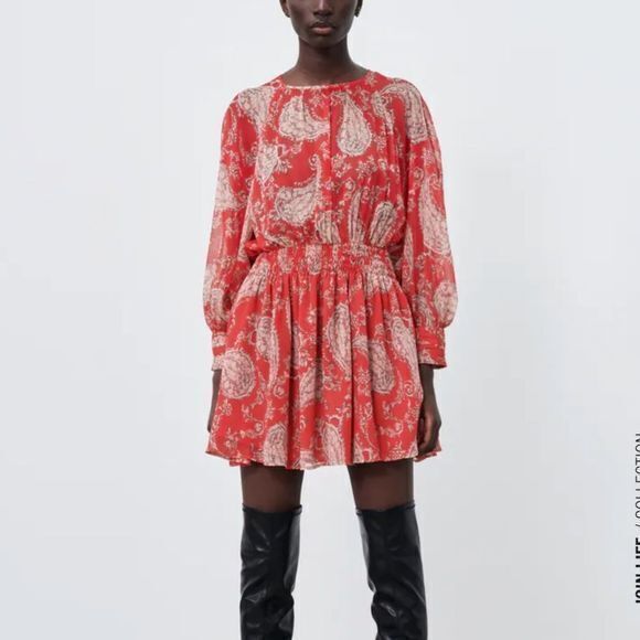 New Zara PAISLEY PRINTED SHORT DRESS RED WOMENS‎ SIZE M - Picture 1 of 8